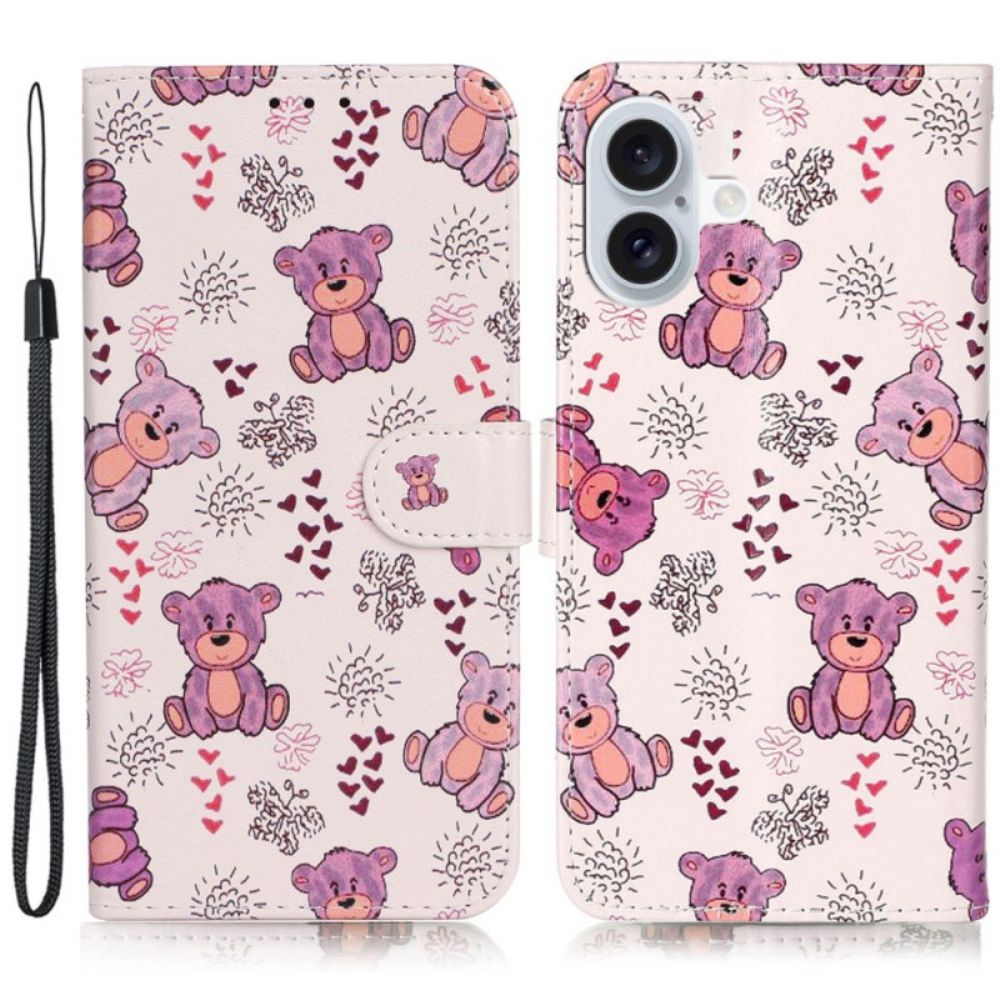 Leren Hoesje iPhone 16 Plus Draagkoordbeerpatroon