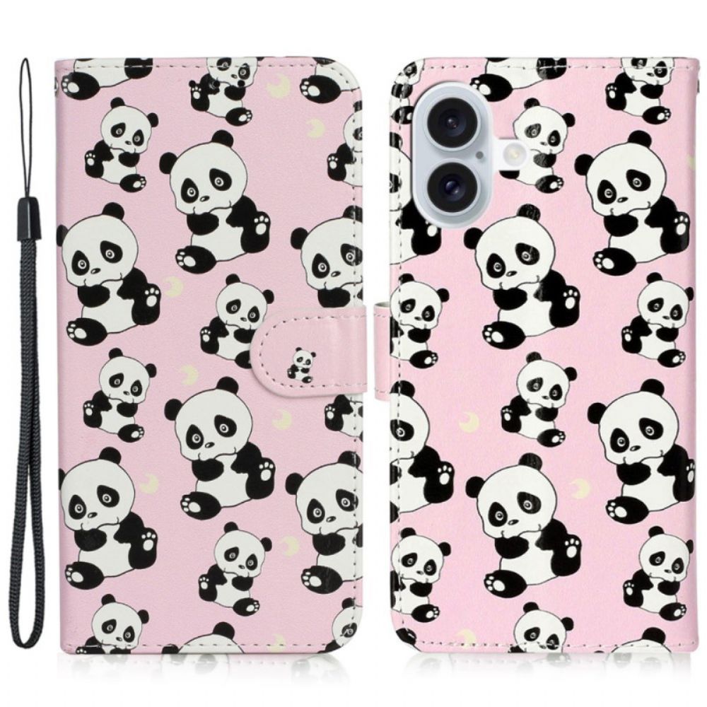 Leren Hoesje iPhone 16 Plus Lanyard Panda's Bescherming Hoesje