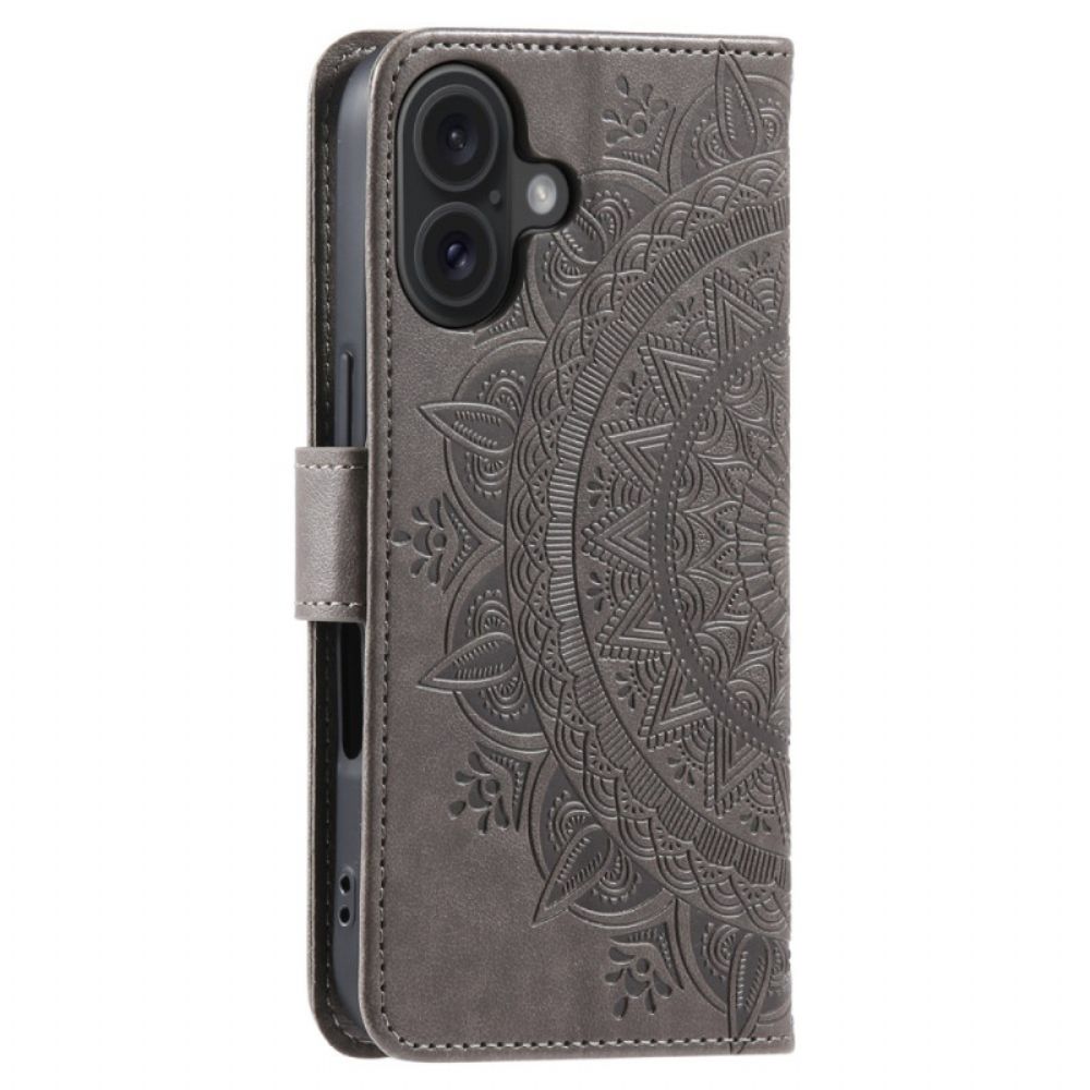 Leren Hoesje iPhone 16 Plus Mandala-zon Bescherming Hoesje