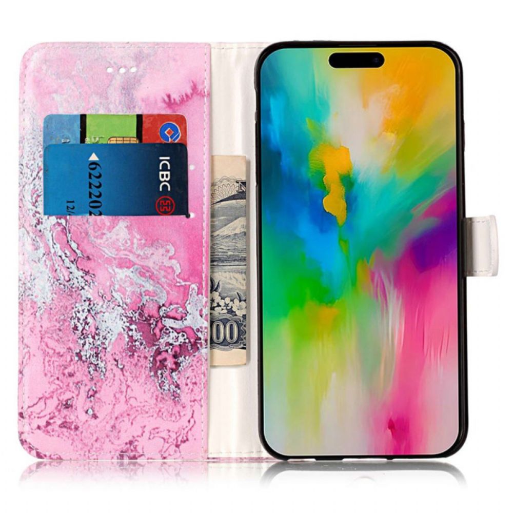 Leren Hoesje iPhone 16 Plus Marineroze Marmer Bescherming Hoesje