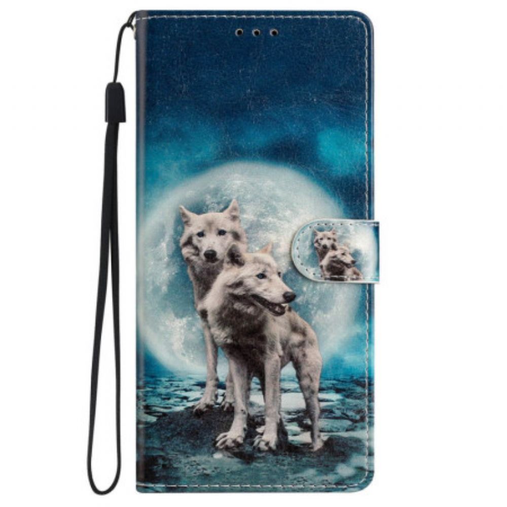 Leren Hoesje iPhone 16 Plus Paar Wolven Met Riemen