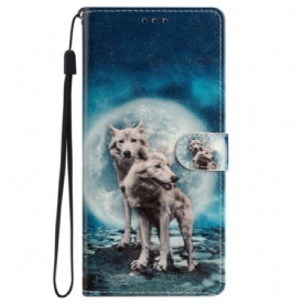 Leren Hoesje iPhone 16 Plus Paar Wolven Met Riemen