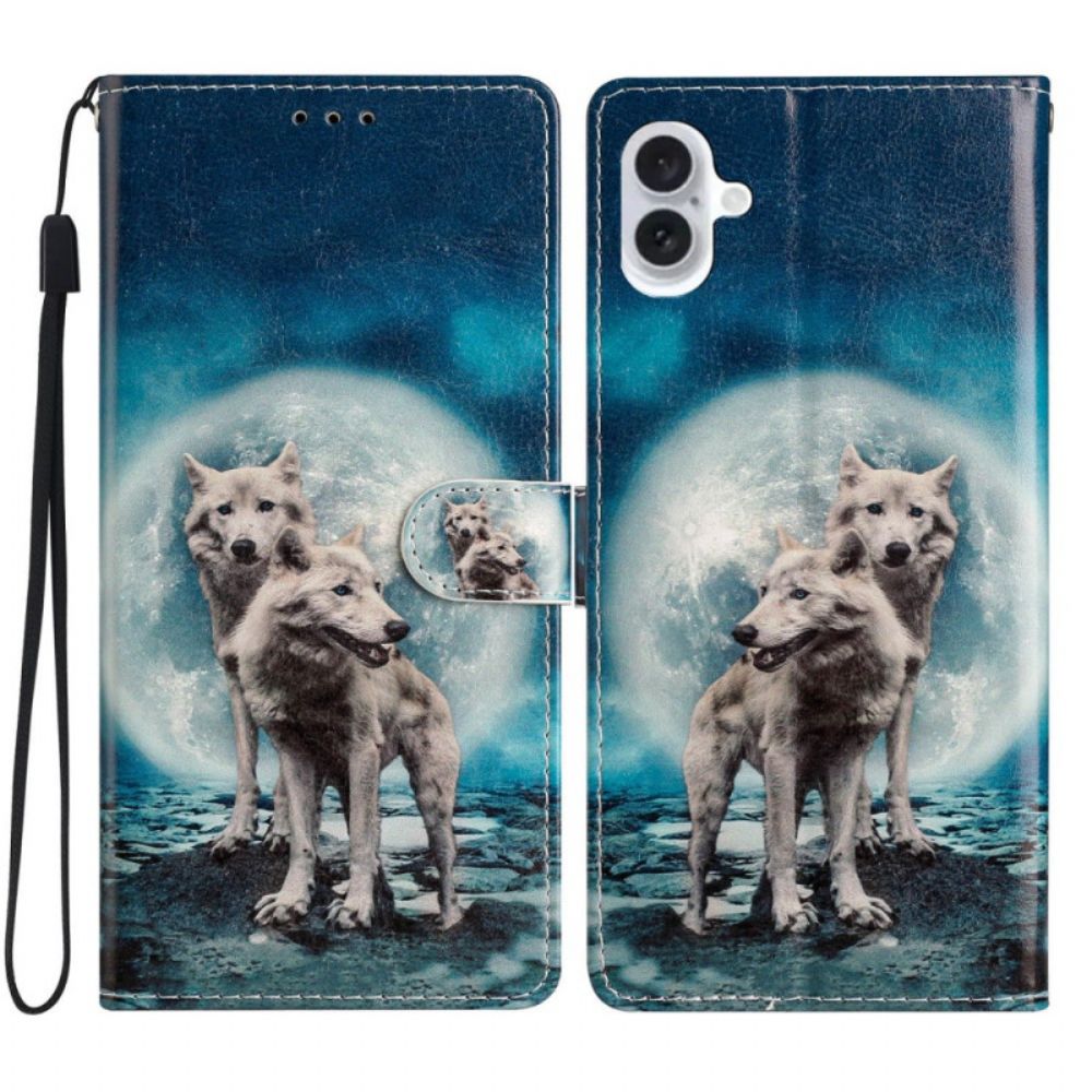 Leren Hoesje iPhone 16 Plus Paar Wolven Met Riemen