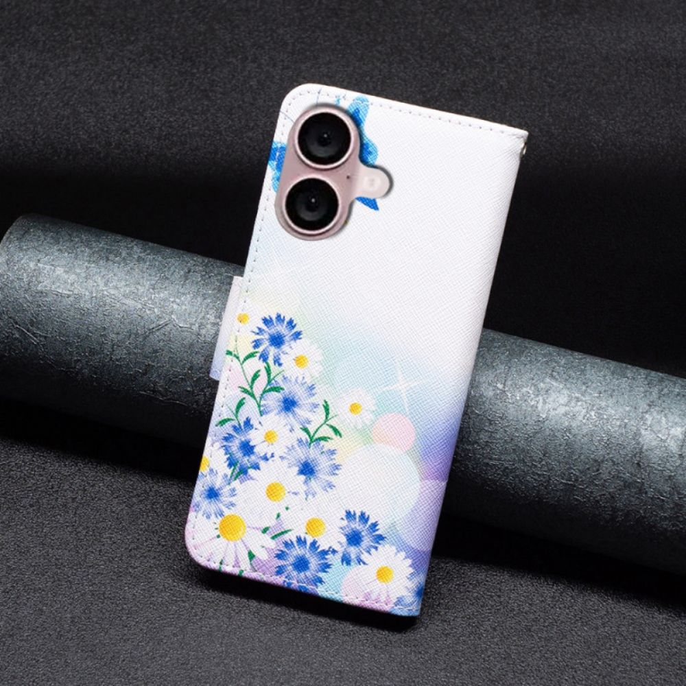 Leren Hoesje iPhone 16 Plus Patroon Met Vlinders En Bloemen