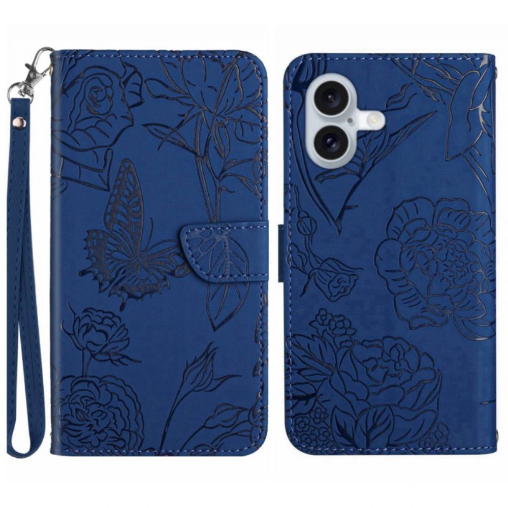 Leren Hoesje iPhone 16 Plus Vlinderprint Met Bandje Bescherming Hoesje