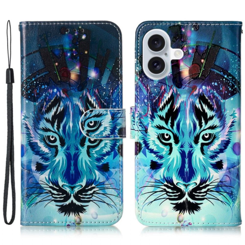 Leren Hoesje iPhone 16 Plus Wolf Met Riem Bescherming Hoesje