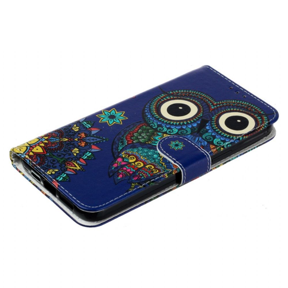 Leren Hoesje Voor iPhone 16 Plus Blauwe Uil Met Riem