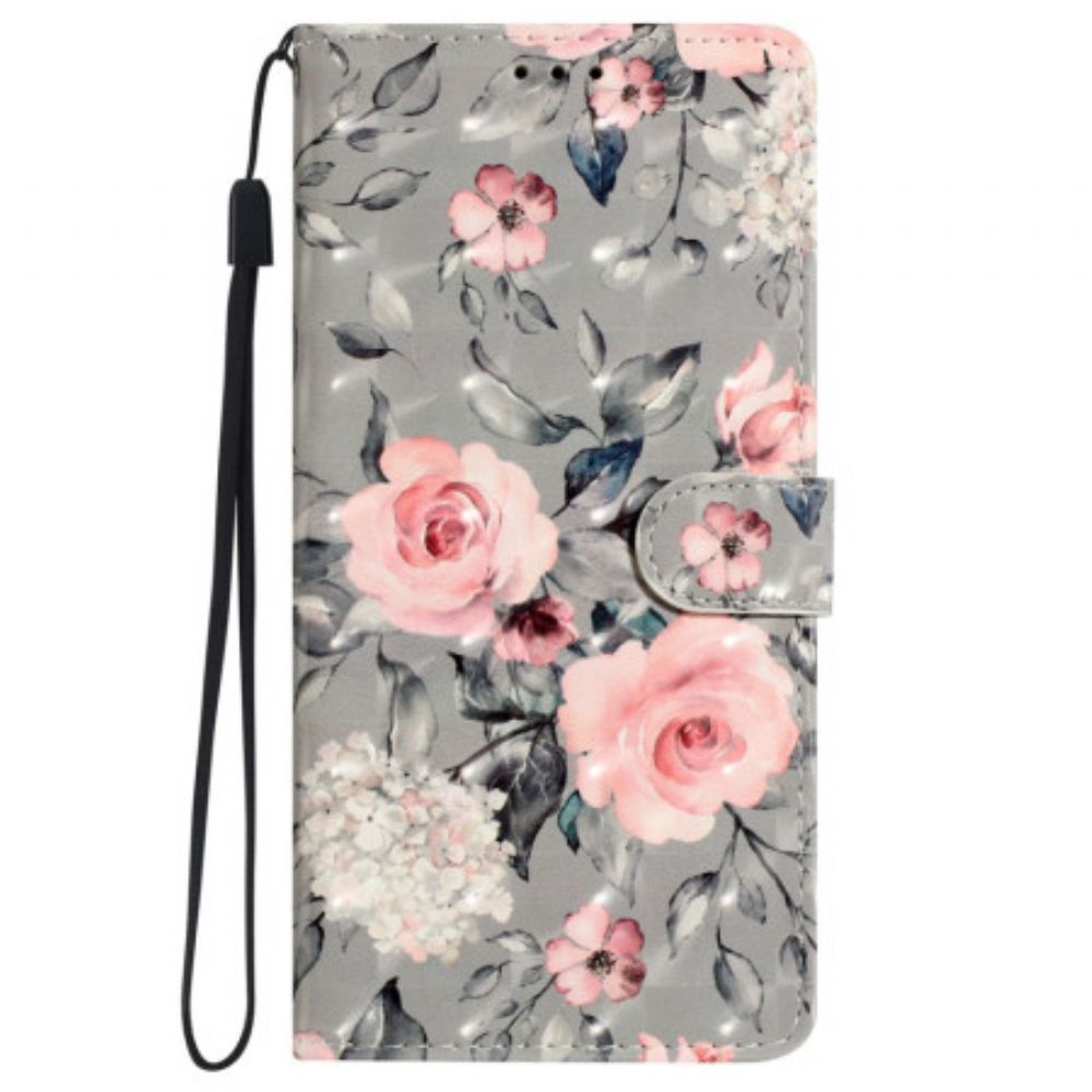 Leren Hoesje Voor iPhone 16 Plus Roze Bloemen Met Riem