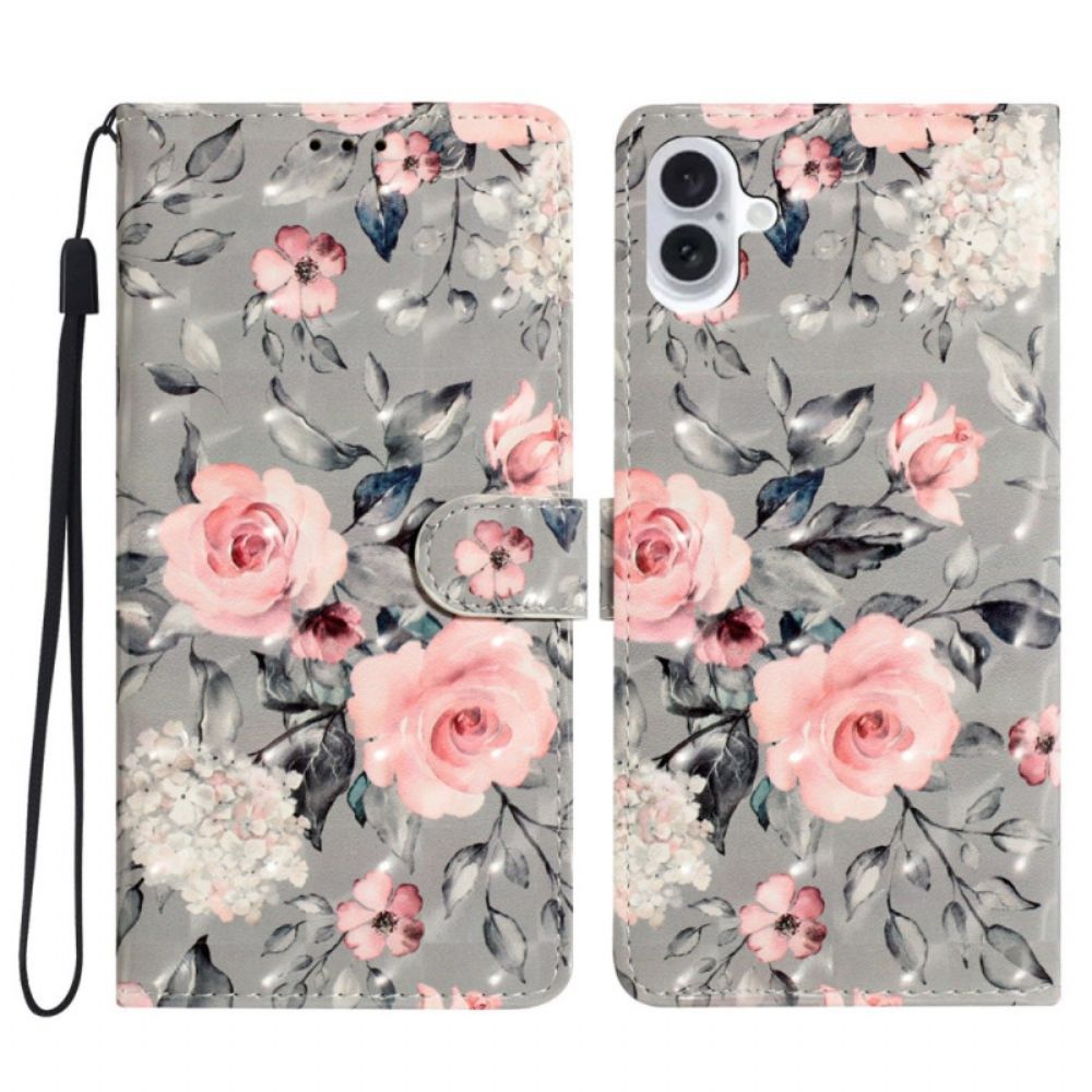 Leren Hoesje Voor iPhone 16 Plus Roze Bloemen Met Riem