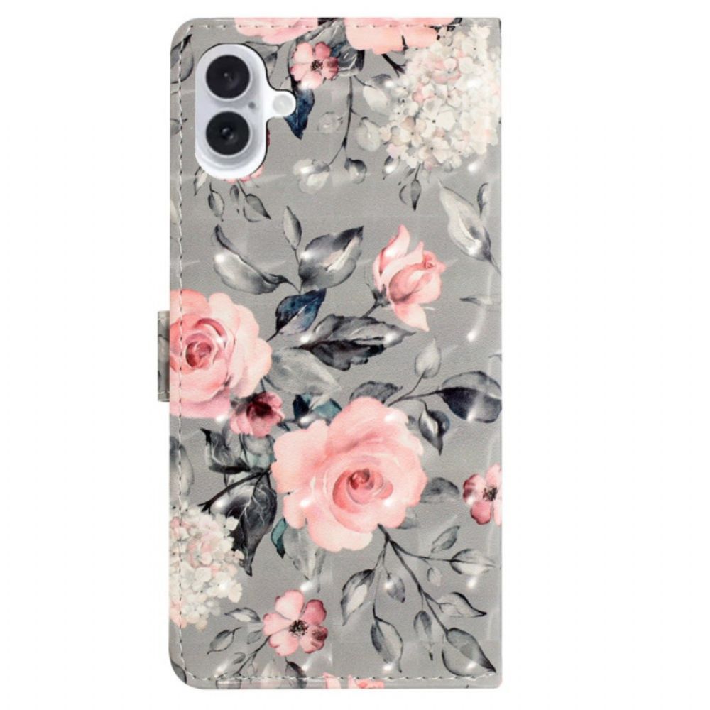 Leren Hoesje Voor iPhone 16 Plus Roze Bloemen Met Riem