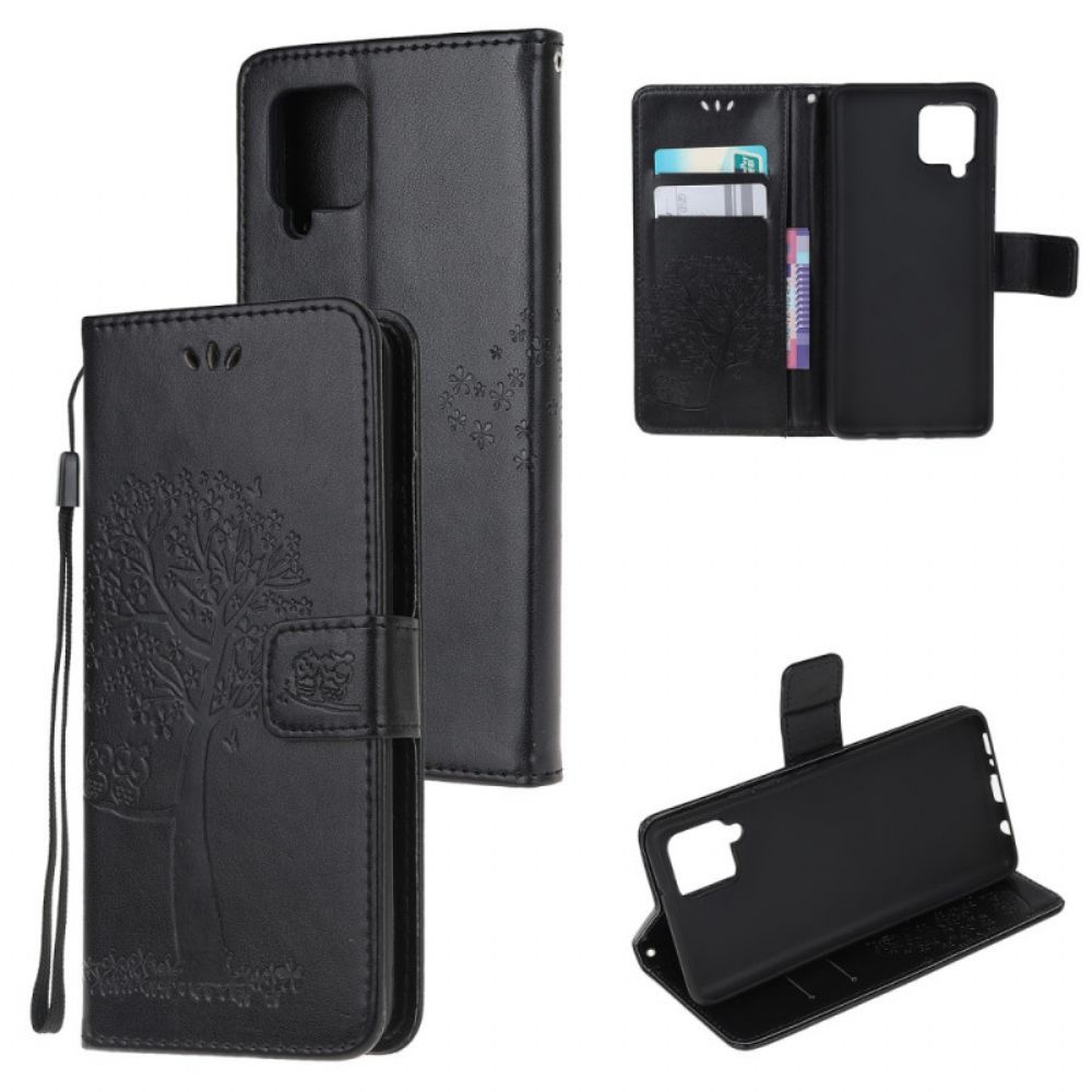 Flip Case voor Samsung Galaxy M32 Met Ketting Boom En Uilen Met Bandjes