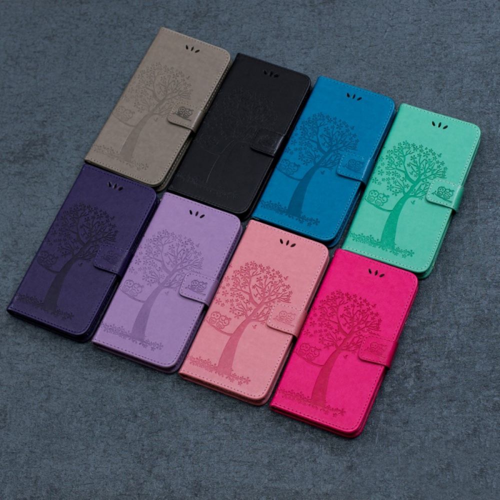 Flip Case voor Samsung Galaxy M32 Met Ketting Boom En Uilen Met Bandjes