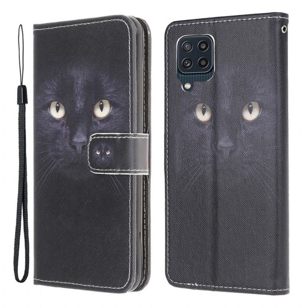 Folio-hoesje voor Samsung Galaxy M32 Met Ketting Thong Black Cat Eyes