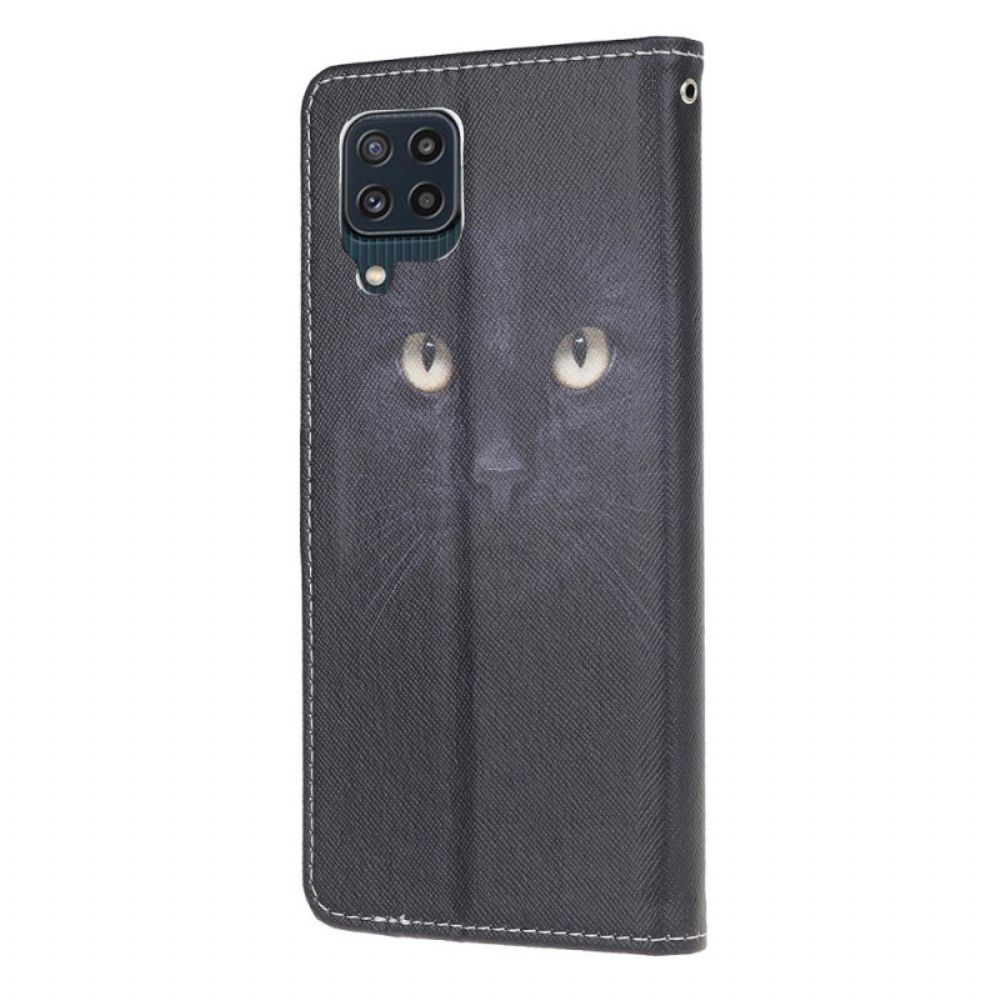 Folio-hoesje voor Samsung Galaxy M32 Met Ketting Thong Black Cat Eyes