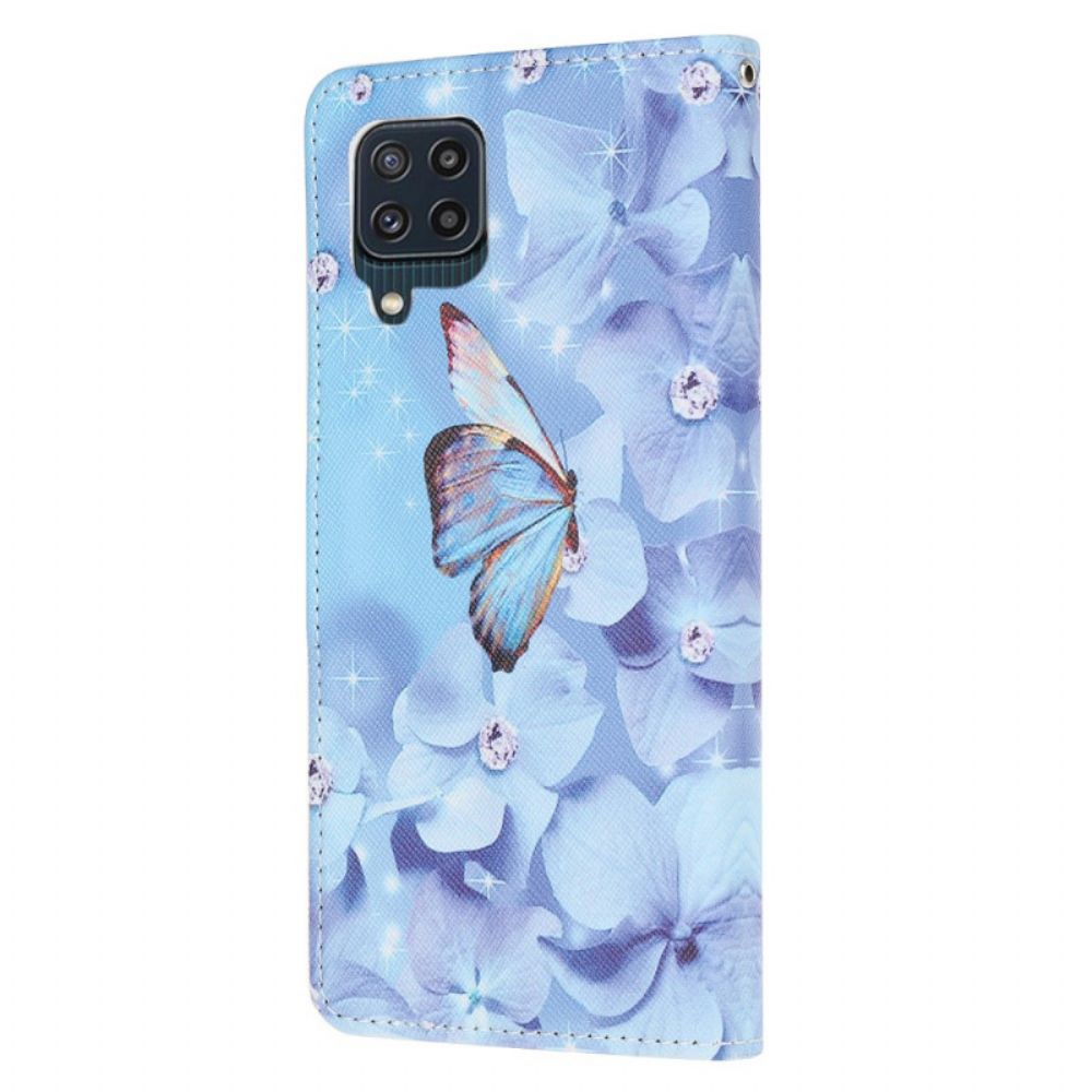 Folio-hoesje voor Samsung Galaxy M32 Met Ketting Vlinders Met Diamanten Band