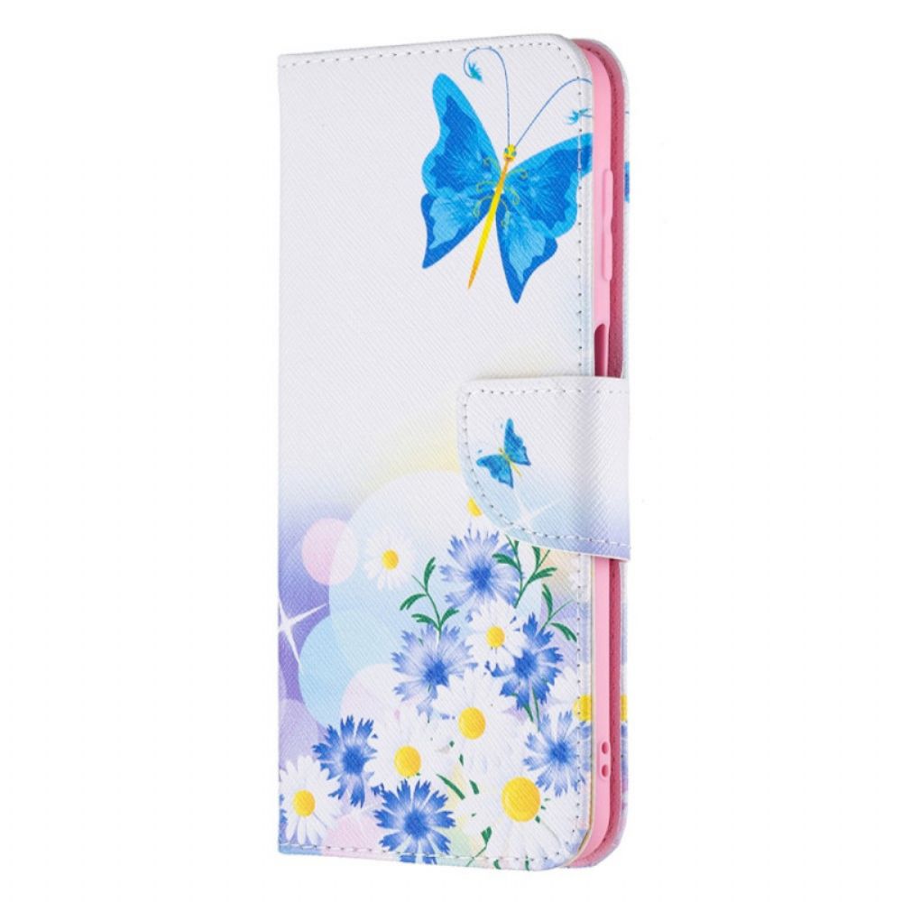 Leren Hoesje voor Samsung Galaxy M32 Geschilderde Vlinders En Bloemen