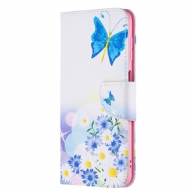 Leren Hoesje voor Samsung Galaxy M32 Geschilderde Vlinders En Bloemen