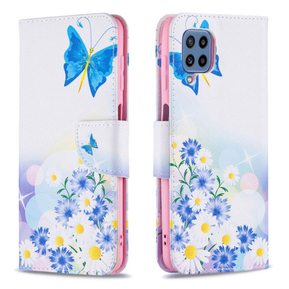 Leren Hoesje voor Samsung Galaxy M32 Geschilderde Vlinders En Bloemen