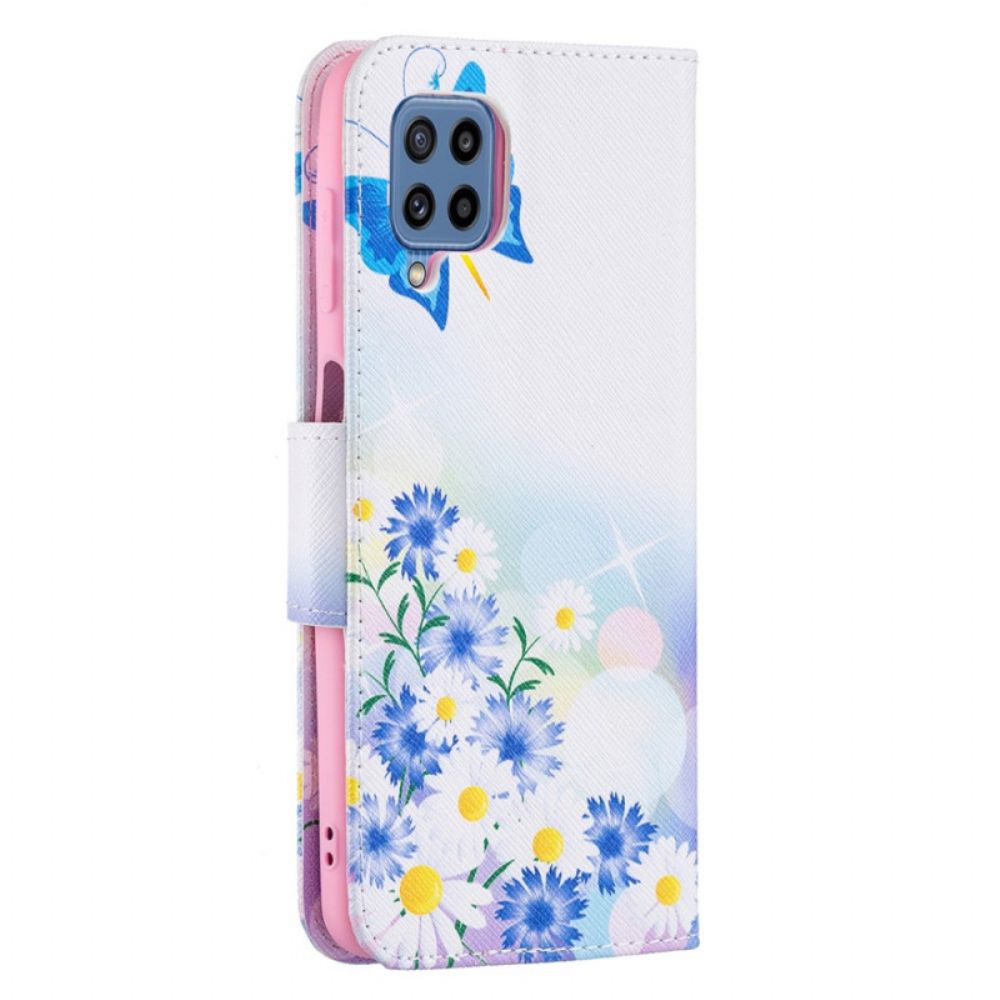 Leren Hoesje voor Samsung Galaxy M32 Geschilderde Vlinders En Bloemen