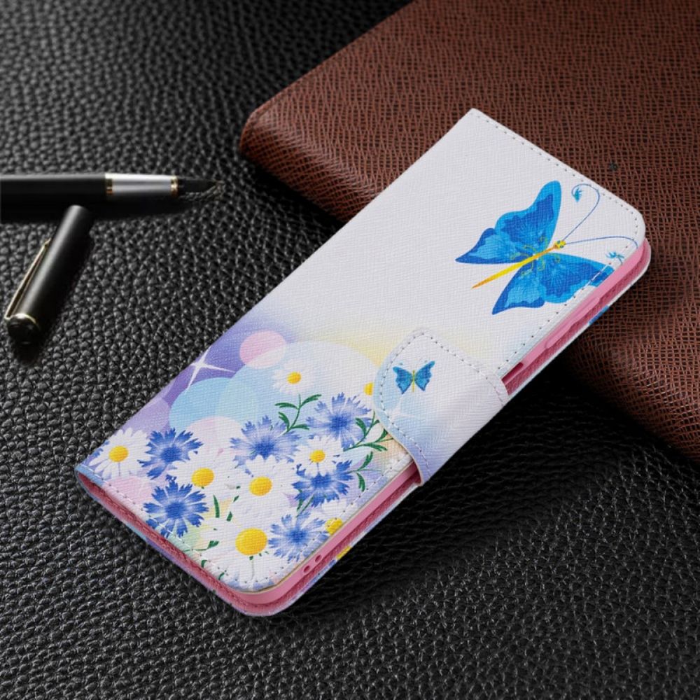 Leren Hoesje voor Samsung Galaxy M32 Geschilderde Vlinders En Bloemen