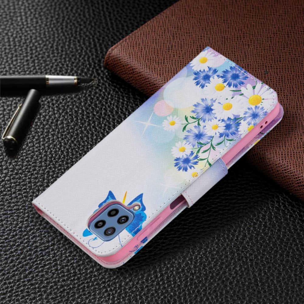 Leren Hoesje voor Samsung Galaxy M32 Geschilderde Vlinders En Bloemen