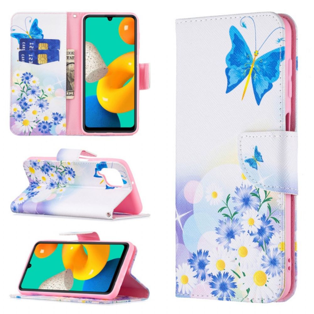 Leren Hoesje voor Samsung Galaxy M32 Geschilderde Vlinders En Bloemen