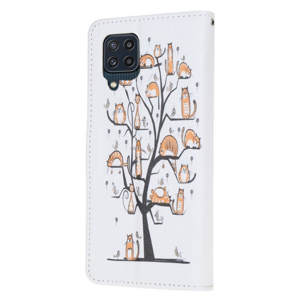 Leren Hoesje voor Samsung Galaxy M32 Met Ketting Funky Katten Met Riem