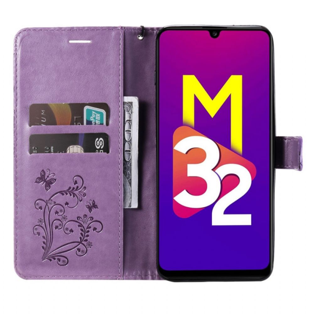 Leren Hoesje voor Samsung Galaxy M32 Met Ketting Reusachtige Vlinders Met Bandjes