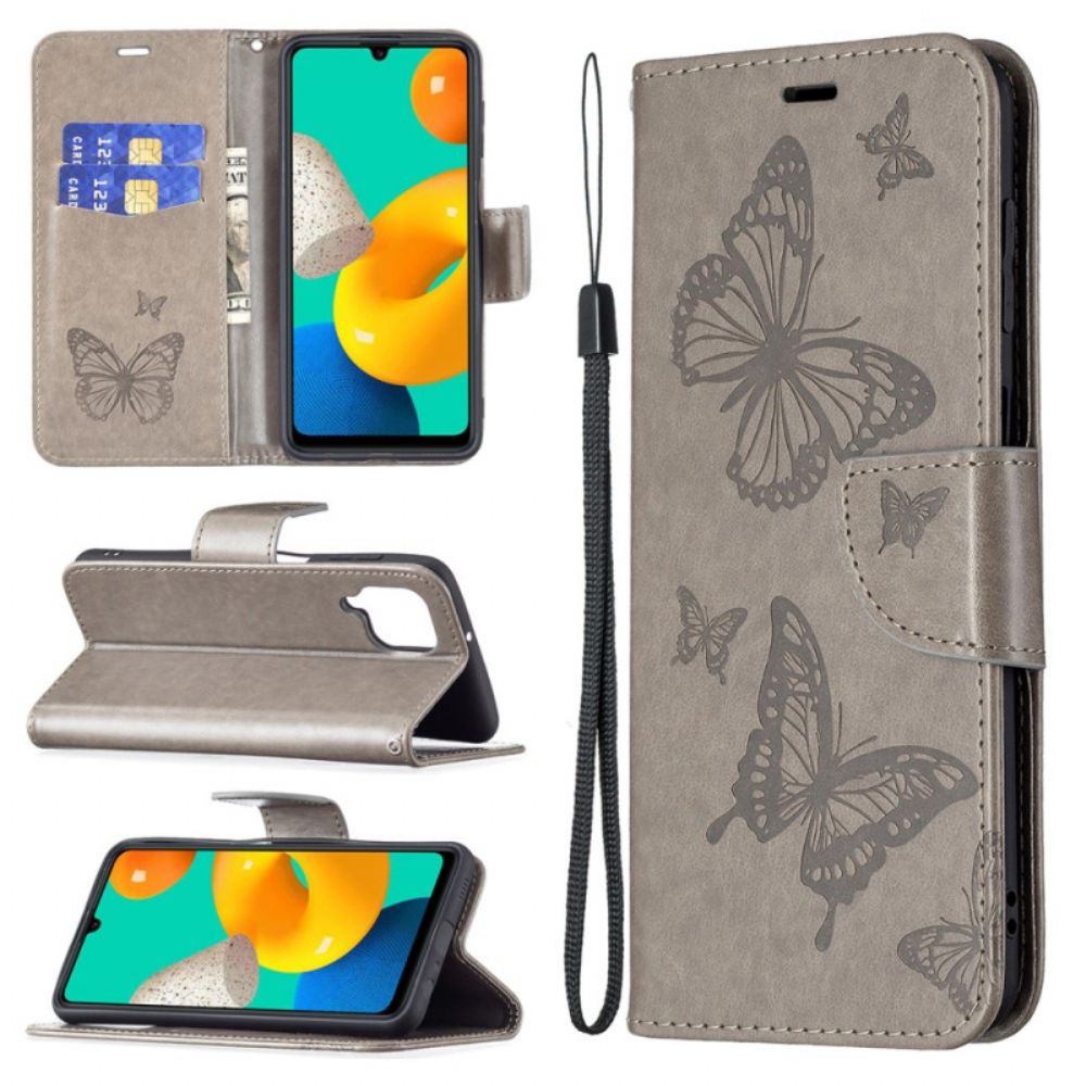 Leren Hoesje voor Samsung Galaxy M32 Vlinders Tijdens De Vlucht Met Lanyard