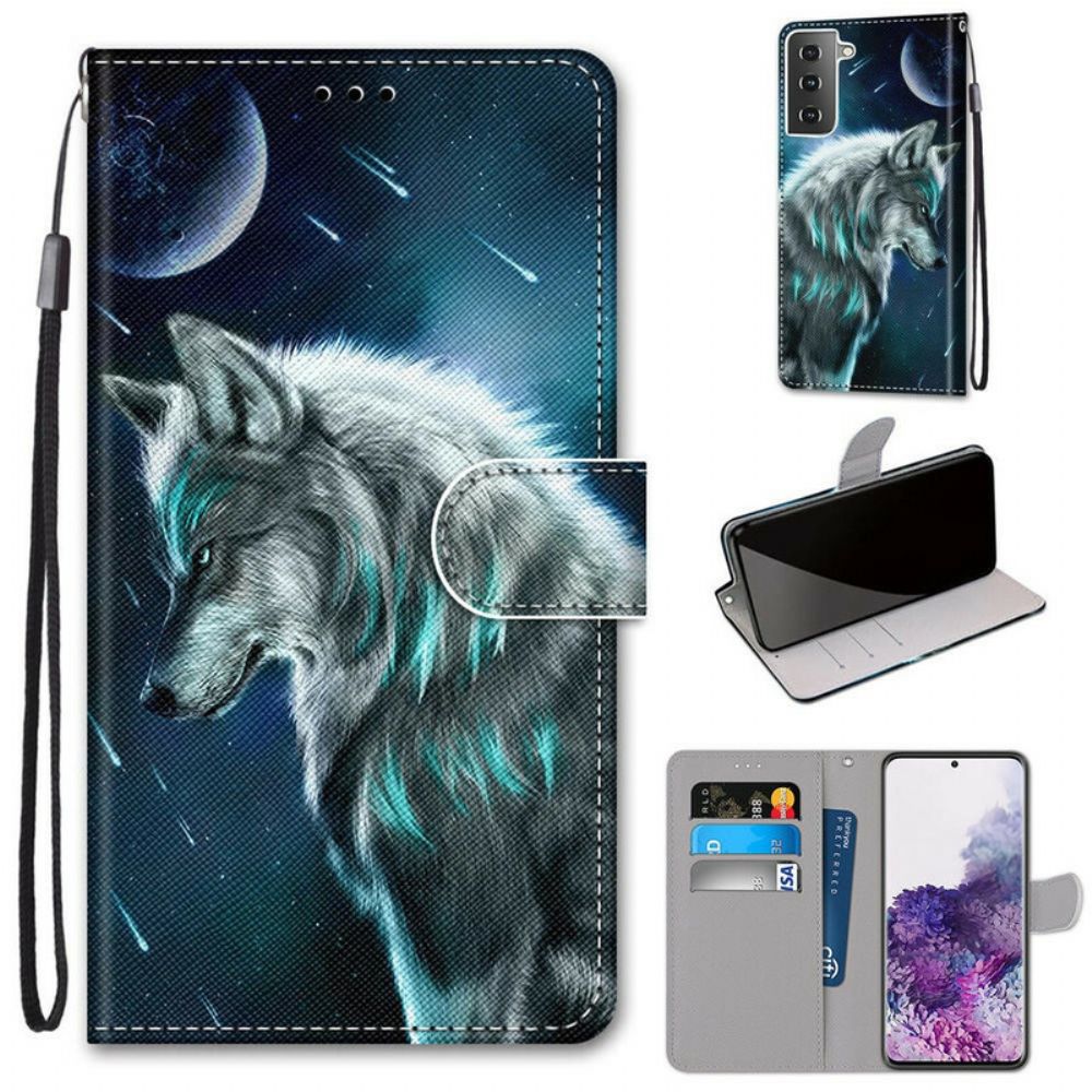 Flip Case voor Samsung Galaxy S21 Plus 5G Wolf Onder Een Regen Van Sterren