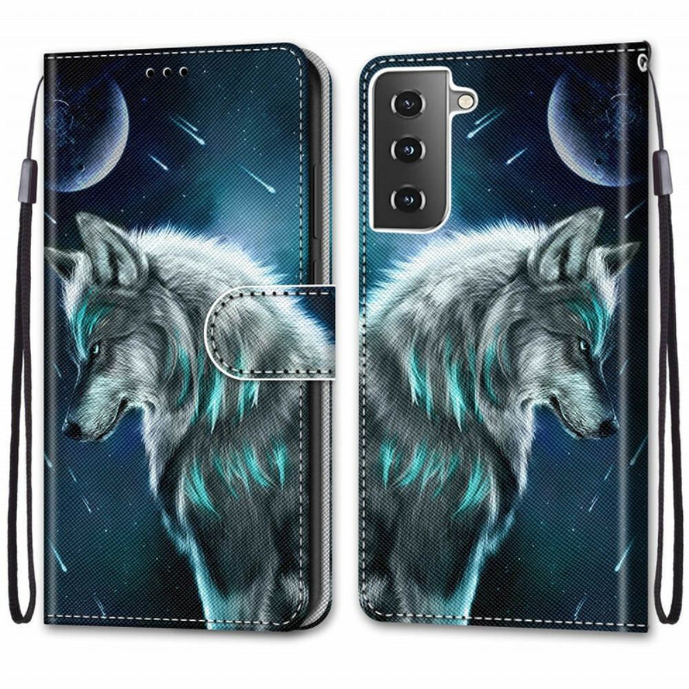 Flip Case voor Samsung Galaxy S21 Plus 5G Wolf Onder Een Regen Van Sterren