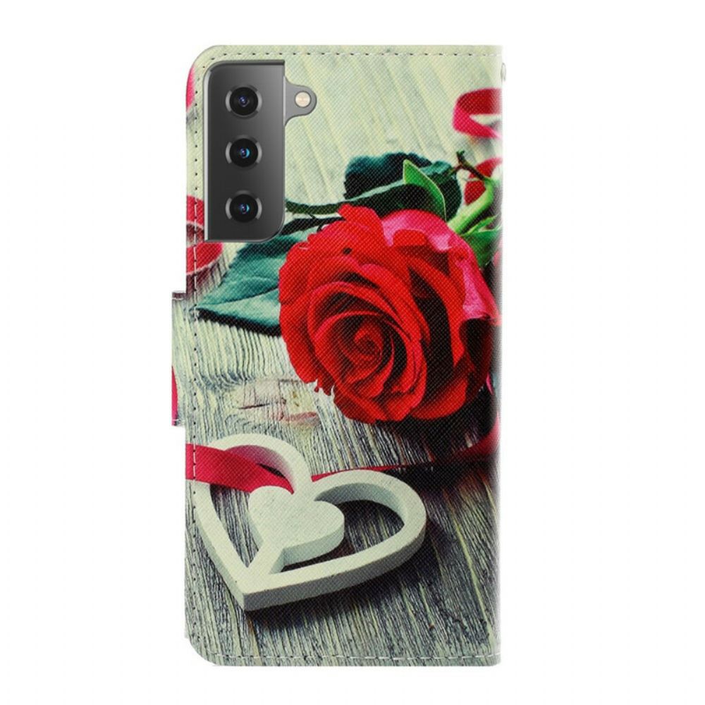 Folio-hoesje voor Samsung Galaxy S21 Plus 5G Met Ketting Romantische Roos Met Bandjes