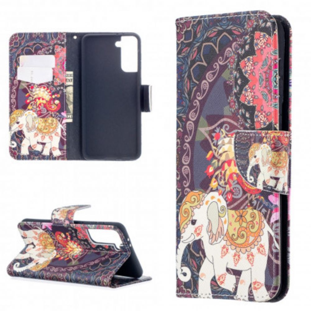 Leren Hoesje voor Samsung Galaxy S21 Plus 5G Etnische Olifantenmandala