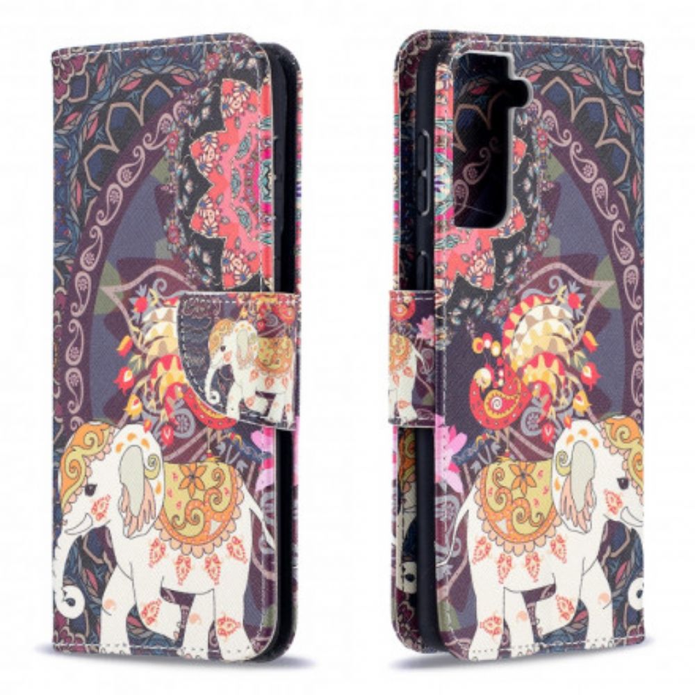 Leren Hoesje voor Samsung Galaxy S21 Plus 5G Etnische Olifantenmandala