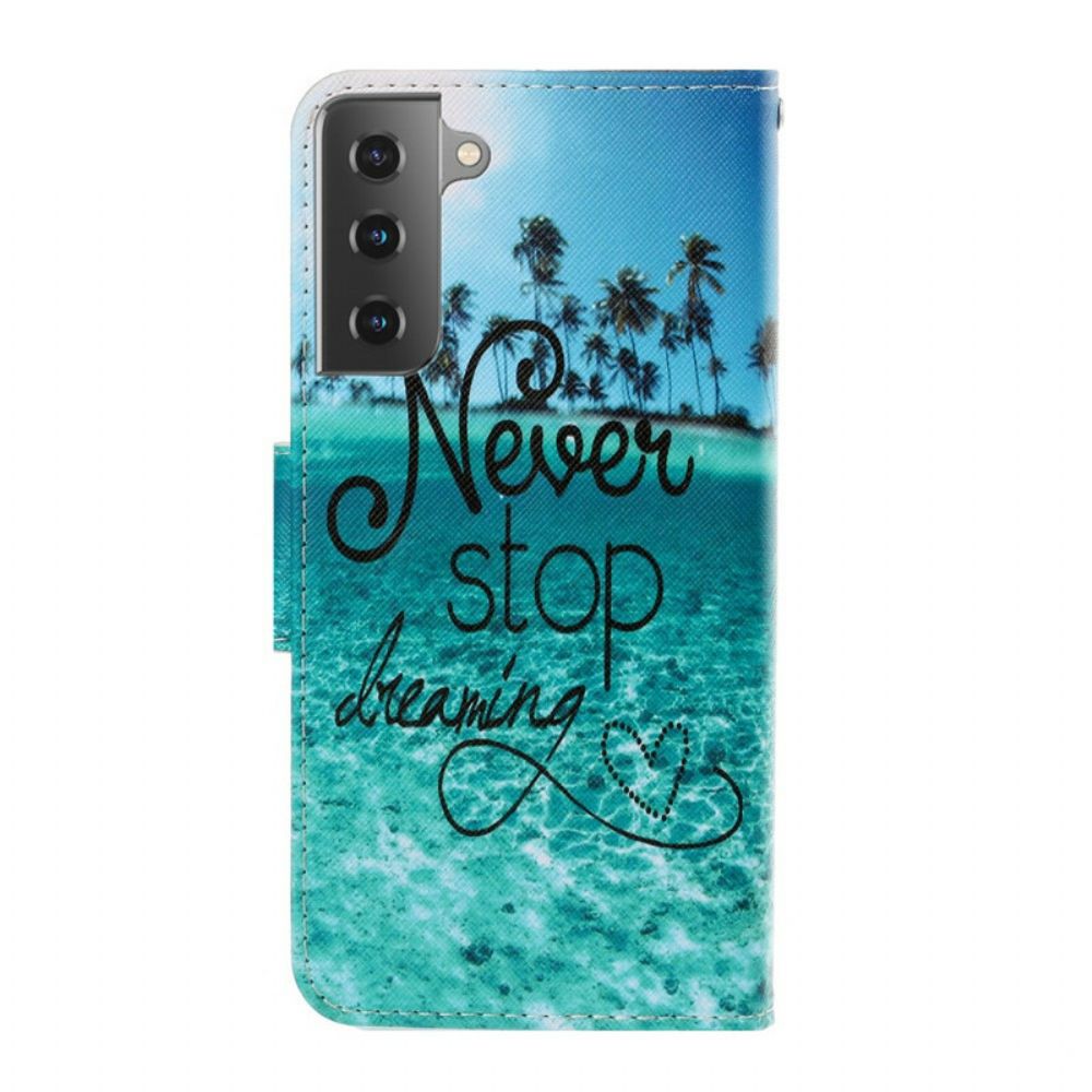 Leren Hoesje voor Samsung Galaxy S21 Plus 5G Met Ketting Stop Nooit Met Dromen Marineblauwe Strappy