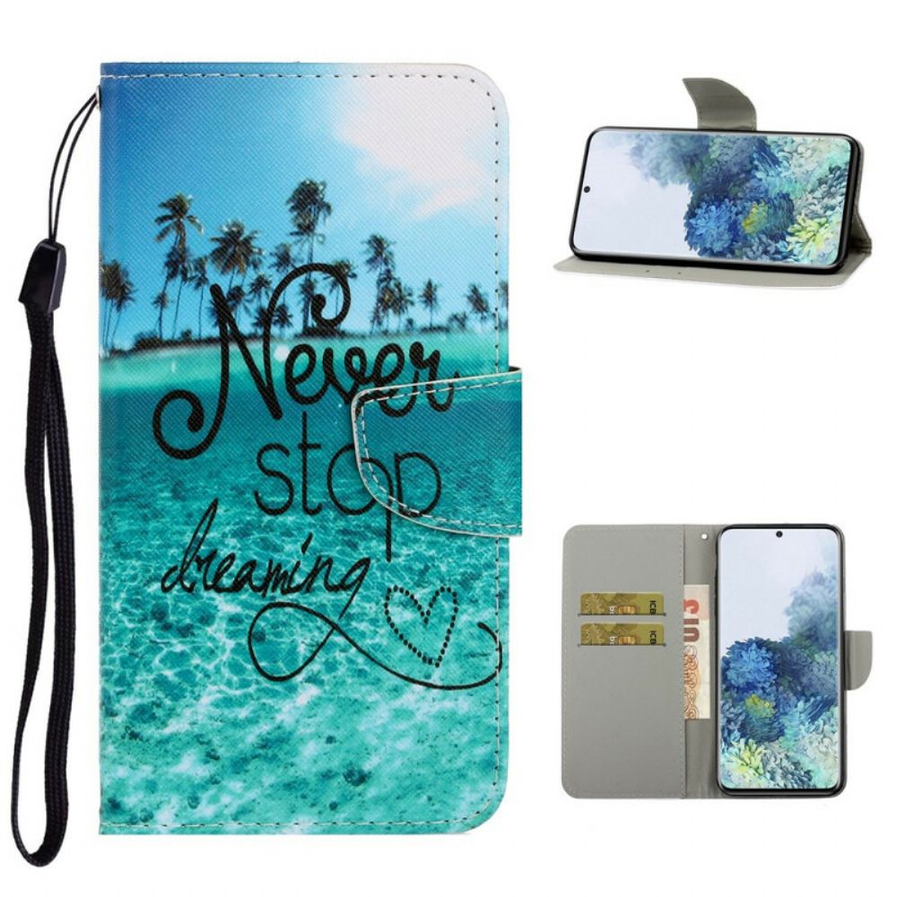 Leren Hoesje voor Samsung Galaxy S21 Plus 5G Met Ketting Stop Nooit Met Dromen Marineblauwe Strappy