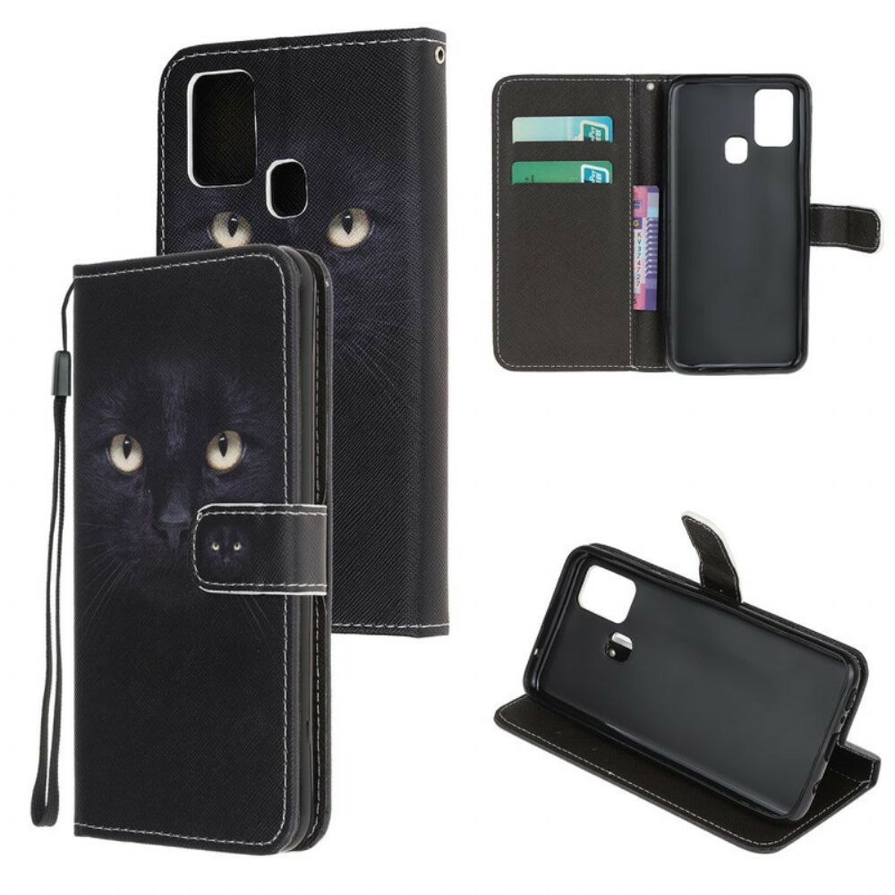 Folio-hoesje voor Samsung Galaxy M21 Met Ketting Thong Black Cat Eyes