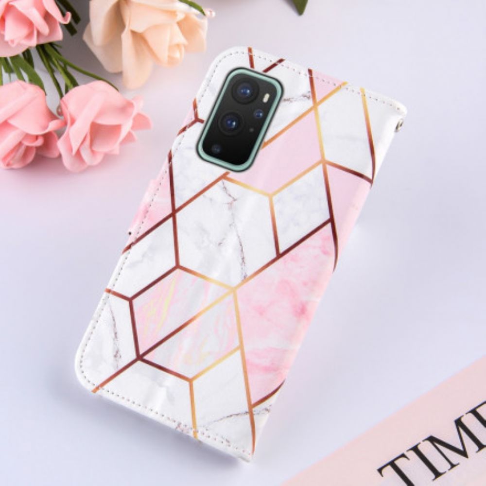 Folio-hoesje voor OnePlus 9 Met Ketting Geometrische Band Marmer