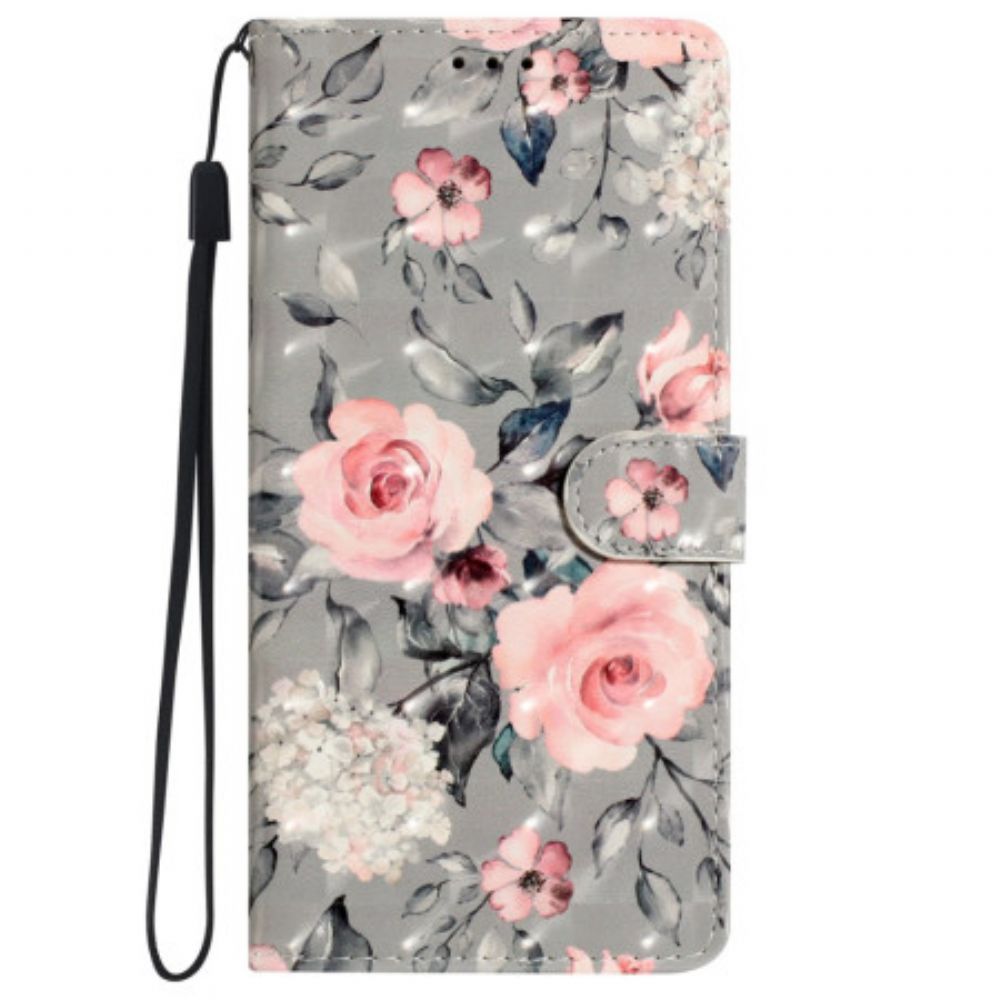 Bescherming Hoesje iPhone 16 Pro Roze Bloemen Op Grijze Achtergrond Met Riempje