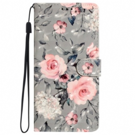 Bescherming Hoesje iPhone 16 Pro Roze Bloemen Op Grijze Achtergrond Met Riempje