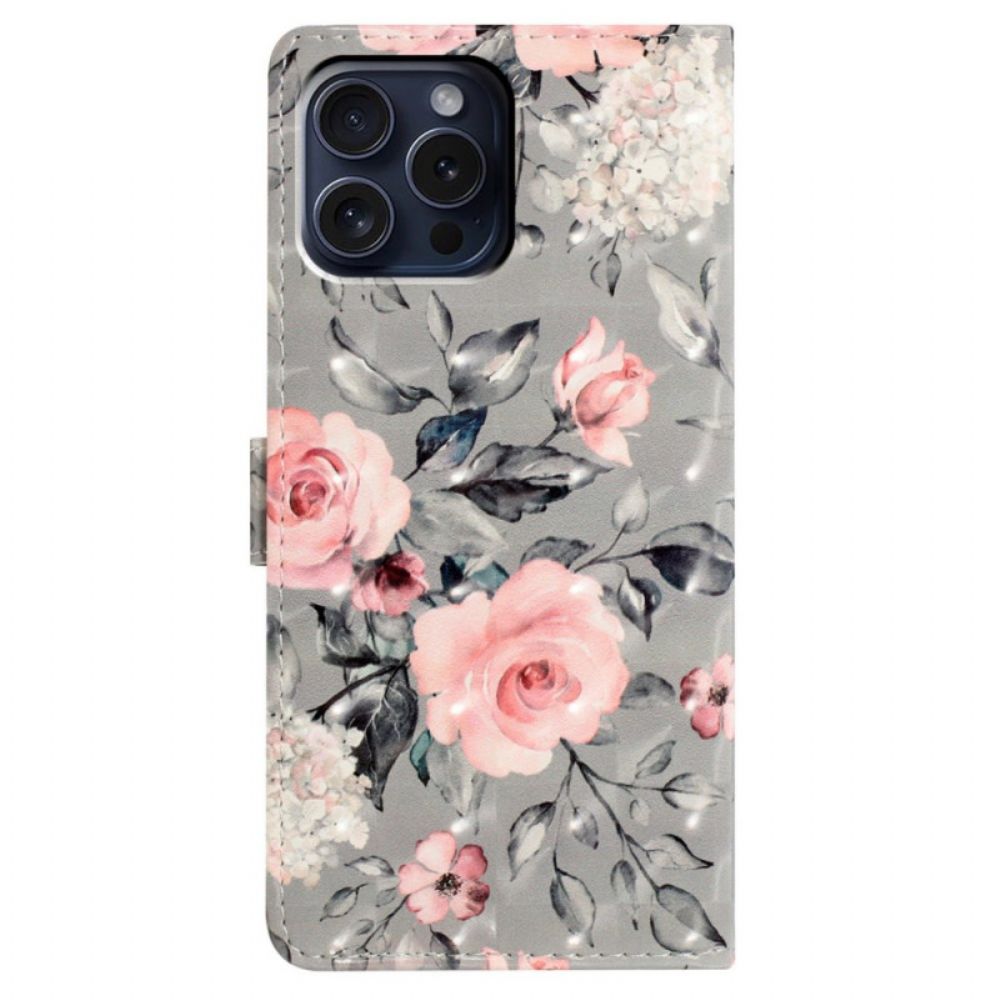 Bescherming Hoesje iPhone 16 Pro Roze Bloemen Op Grijze Achtergrond Met Riempje