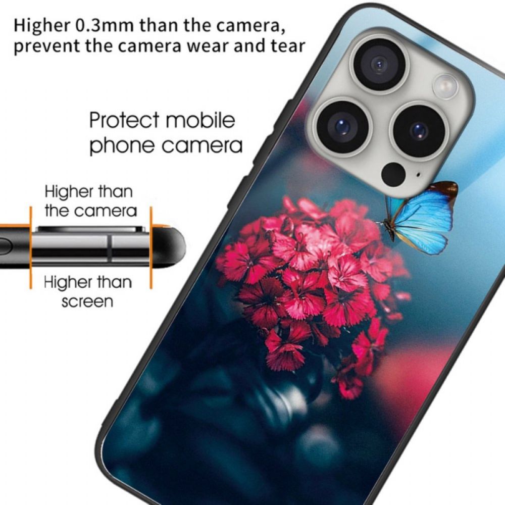 Case Hoesje iPhone 16 Pro Telefoonhoesje Bloemen En Vlinder Van Gehard Glas