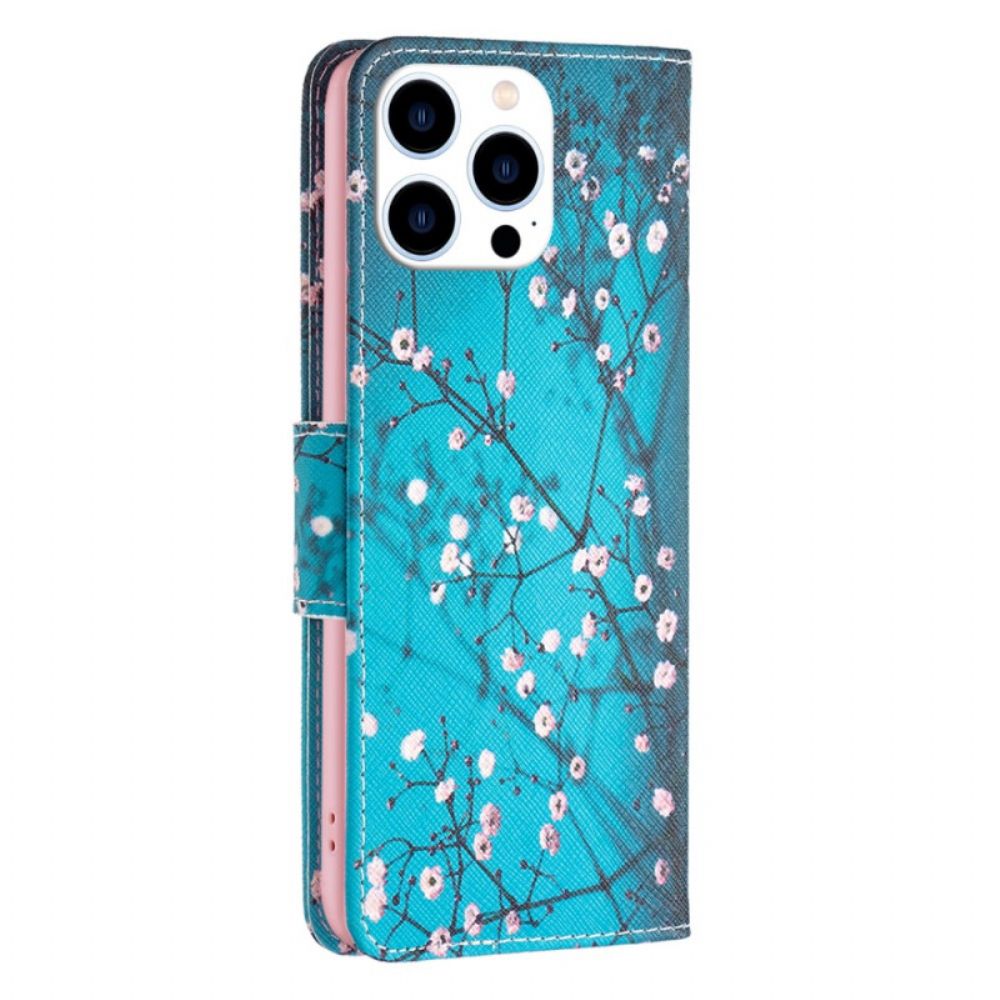 Flip Case Leren iPhone 16 Pro Bloeiende Takken