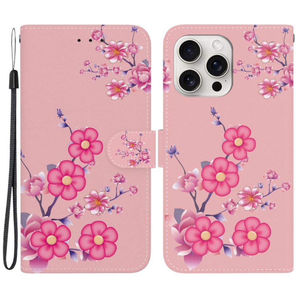 Flip Case Leren iPhone 16 Pro Sakura-patroon Met Riem