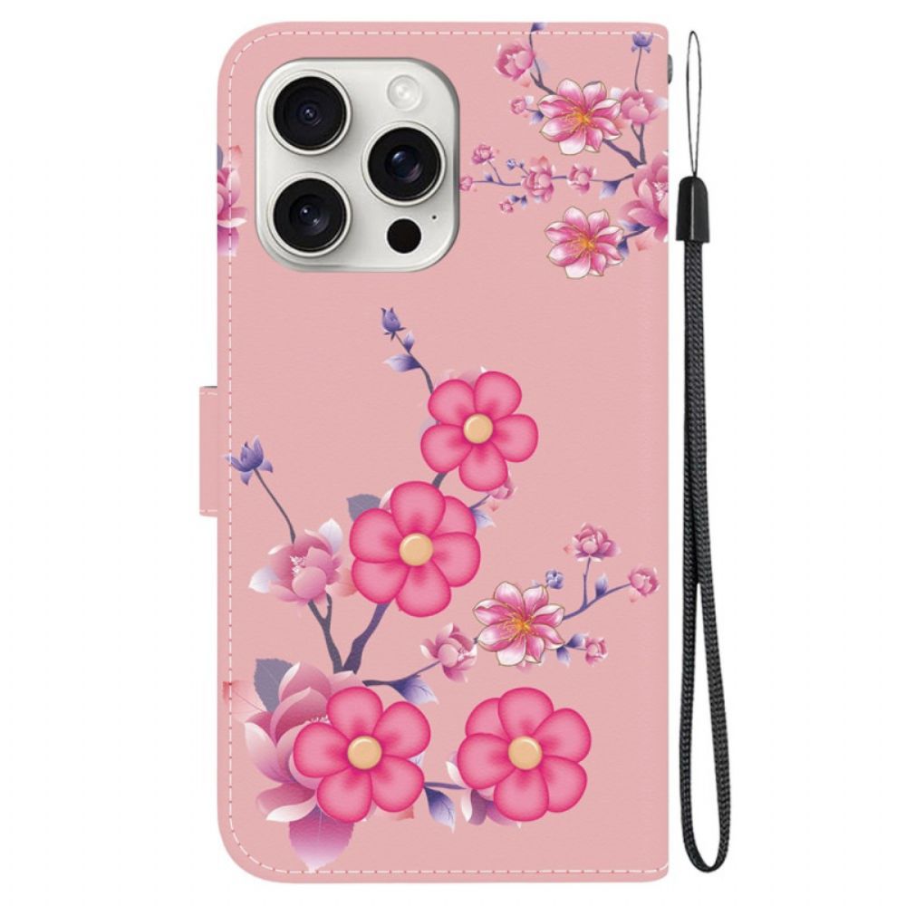 Flip Case Leren iPhone 16 Pro Sakura-patroon Met Riem