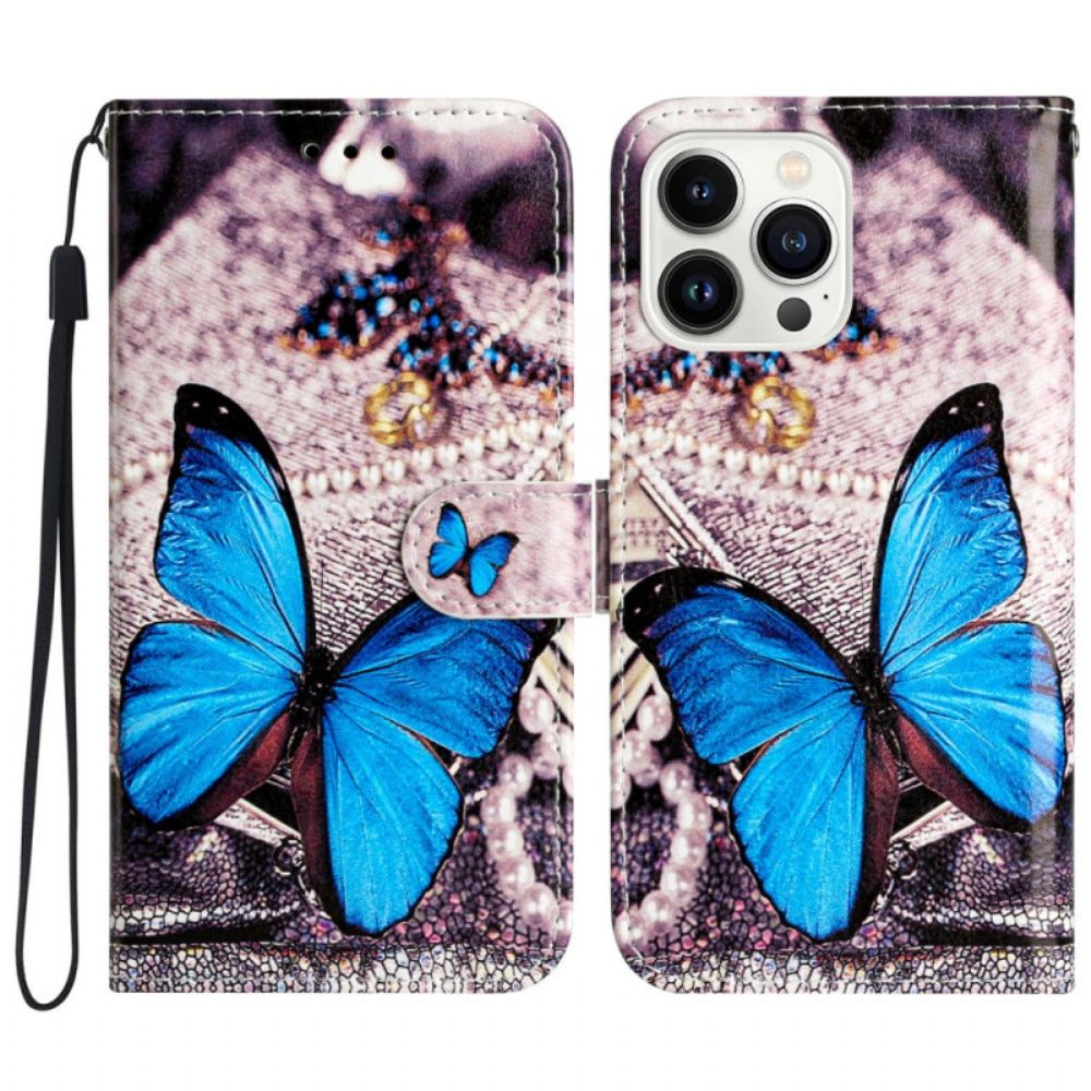 Folio-hoesje iPhone 16 Pro Blauwe Vlinder Met Riem