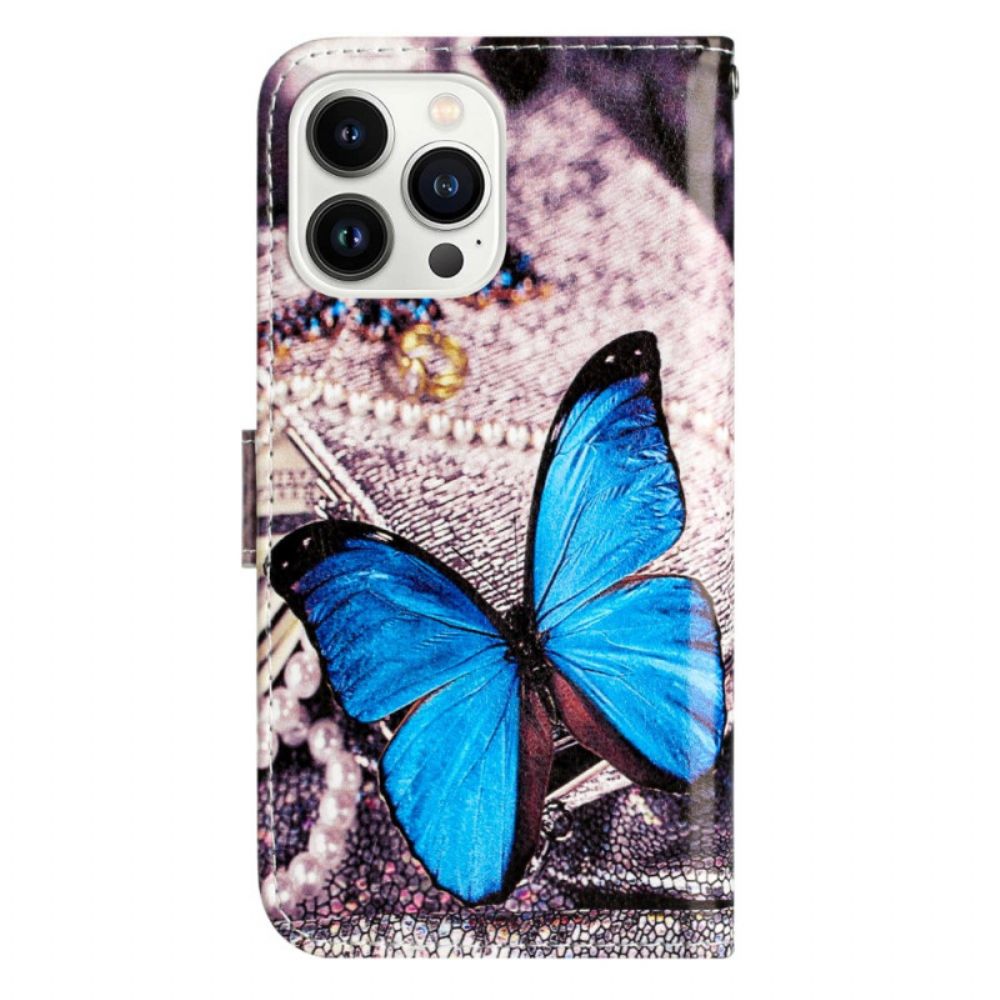 Folio-hoesje iPhone 16 Pro Blauwe Vlinder Met Riem