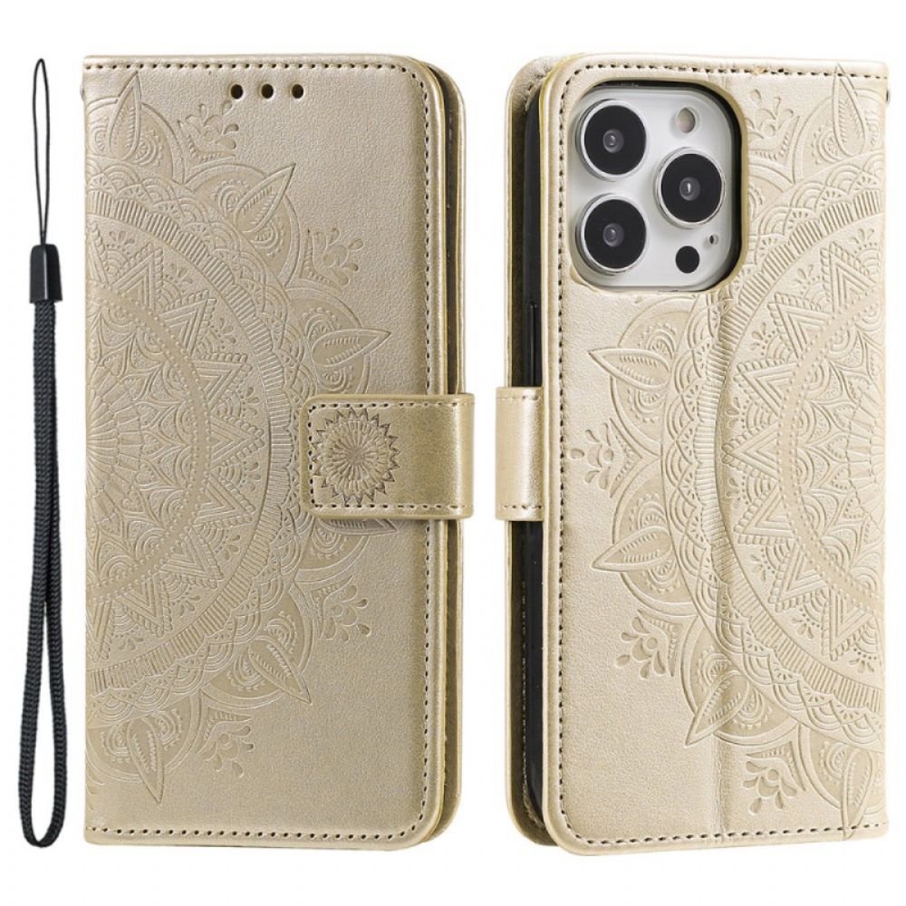 Folio-hoesje iPhone 16 Pro Telefoonhoesje Mandala Zon Met Riem