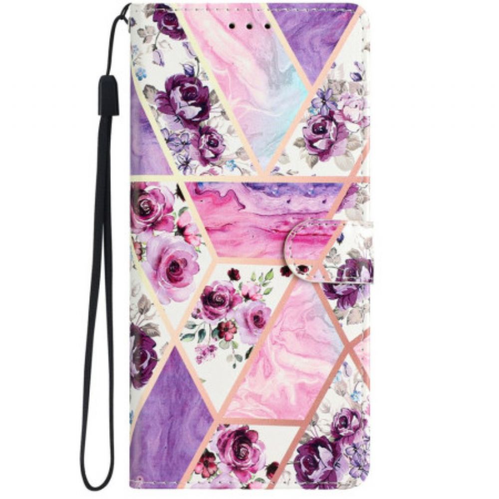 Folio-hoesje iPhone 16 Pro Telefoonhoesje Paarse Bloemen Met Riempje