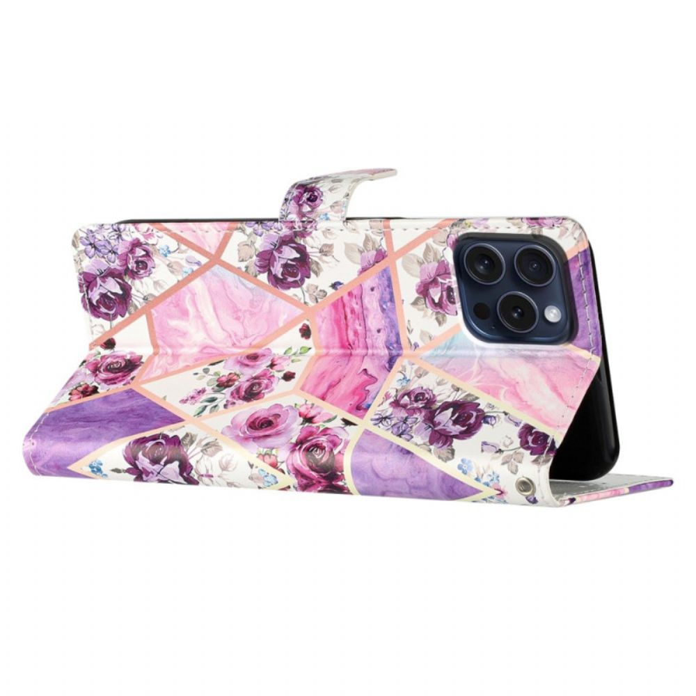 Folio-hoesje iPhone 16 Pro Telefoonhoesje Paarse Bloemen Met Riempje